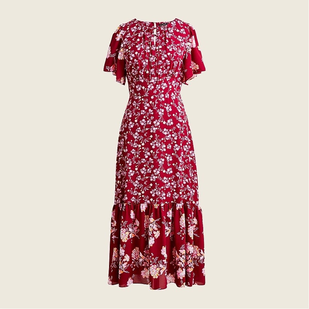 J. Crew Drapey flutter-sleeve dress in burgundy blooms NWT